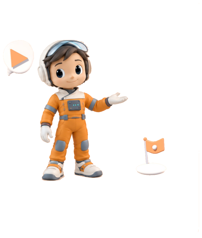 Helpyr astronaut with a lesson marker and a flag