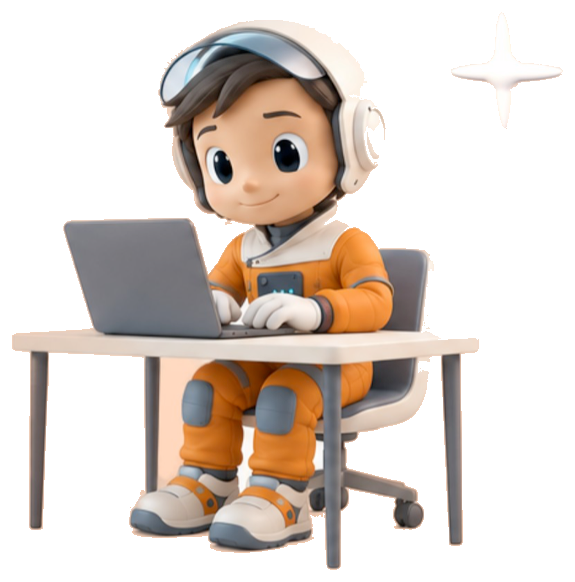 Helpyr astronaut working at a laptop